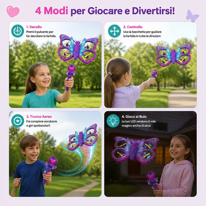 Giocattolo quadricottero a forma di farfalla luminosa con controllo tramite bacchetta magica