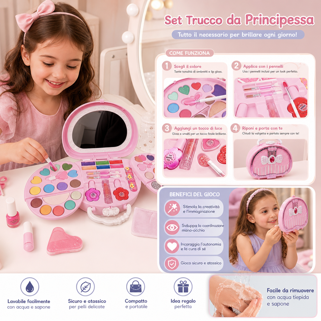Set trucco da principessa lavabile per bambini con smalto per unghie e scatola portaoggetti