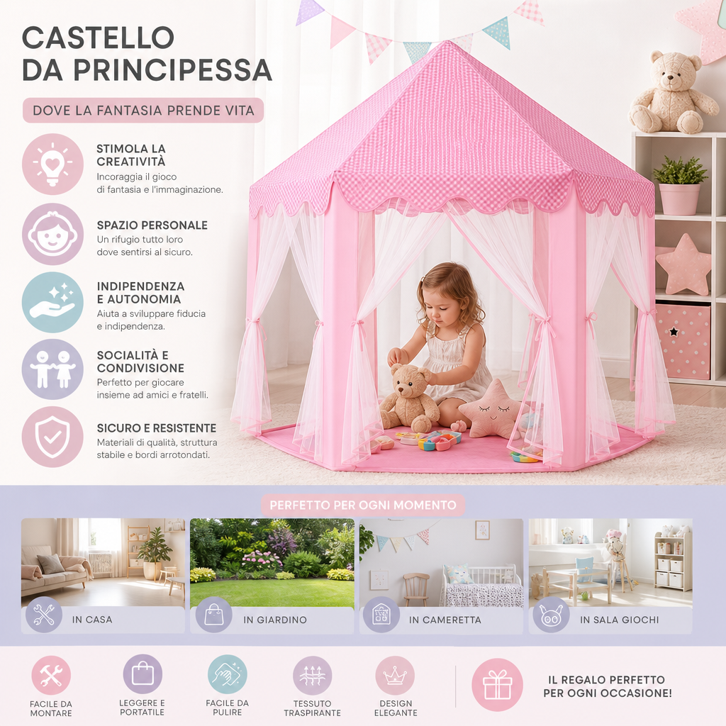 Tenda da gioco a forma di castello da principessa per interni ed esterni
