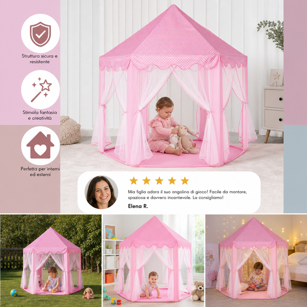 Tenda da gioco a forma di castello da principessa per interni ed esterni