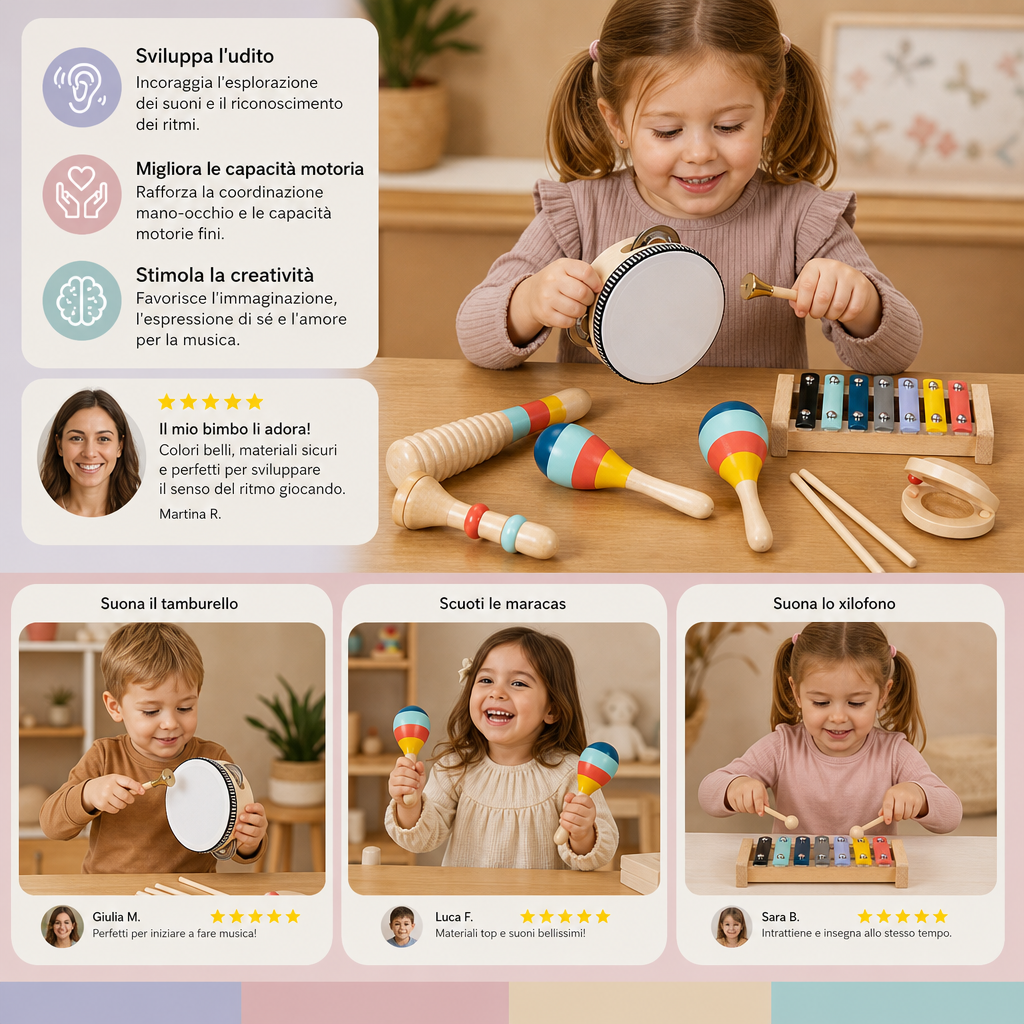 Set di strumenti musicali in legno – Giochi Montessori a percussione e ritmo per bambini