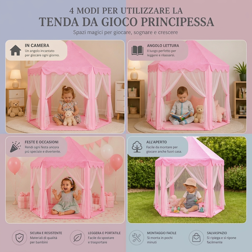 Tenda da gioco a forma di castello da principessa per interni ed esterni