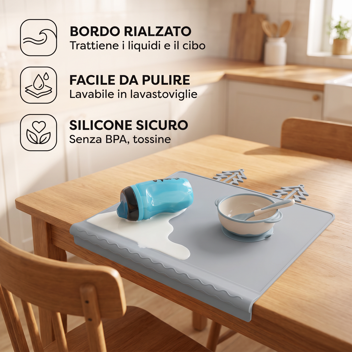 BabySafe Tovaglietta in Silicone Pratica e Igienica per Bambini con Bordo Rialzato