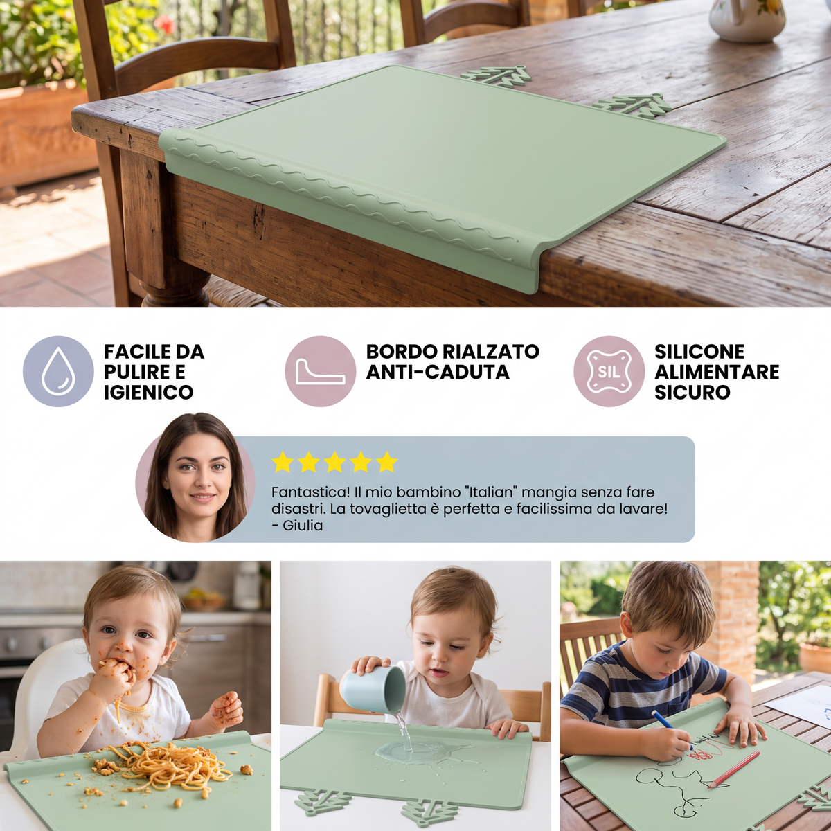 BabySafe Tovaglietta in Silicone Pratica e Igienica per Bambini con Bordo Rialzato