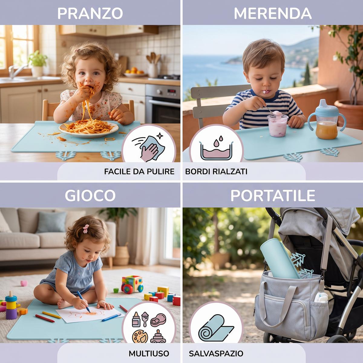 BabySafe Tovaglietta in Silicone Pratica e Igienica per Bambini con Bordo Rialzato