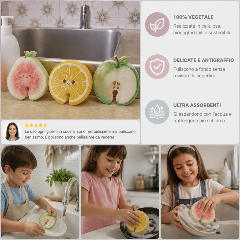 Spugne in Cellulosa Espandibili a Forma di Frutta – Set da 3 Spugne da Cucina Vegetali Antigraffio