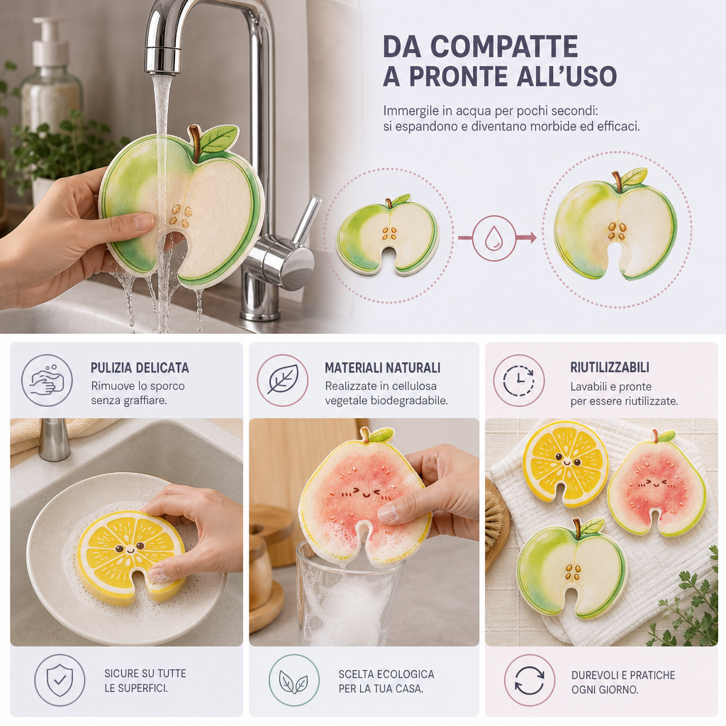 Spugne in Cellulosa Espandibili a Forma di Frutta – Set da 3 Spugne da Cucina Vegetali Antigraffio