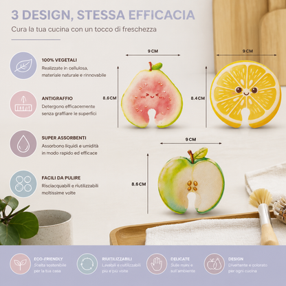 Spugne in Cellulosa Espandibili a Forma di Frutta – Set da 3 Spugne da Cucina Vegetali Antigraffio