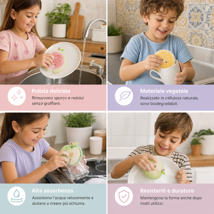 Spugne in Cellulosa Espandibili a Forma di Frutta – Set da 3 Spugne da Cucina Vegetali Antigraffio