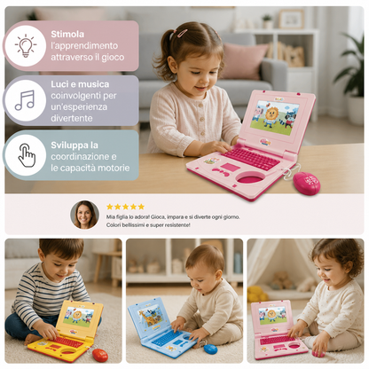Laptop interattivo per bambini con luci, musica e schermo scorrevole