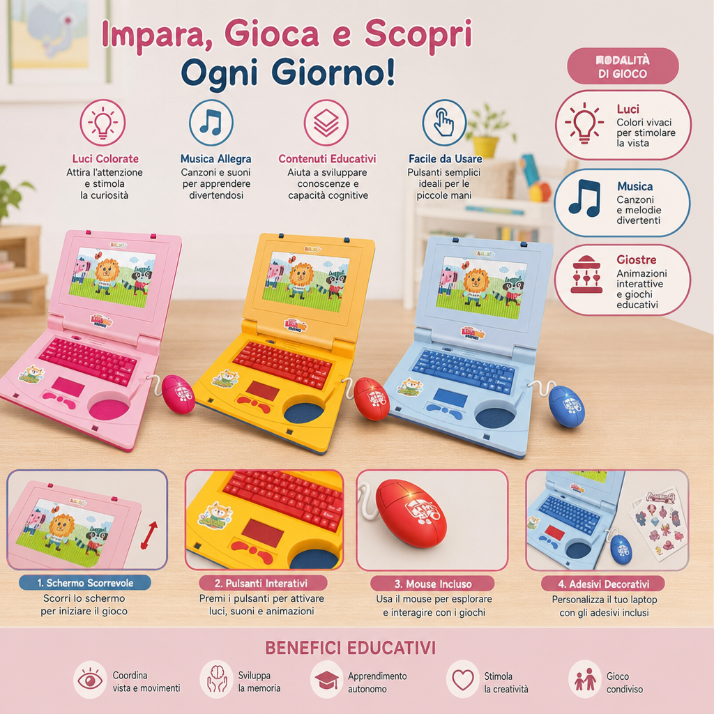 Laptop interattivo per bambini con luci, musica e schermo scorrevole