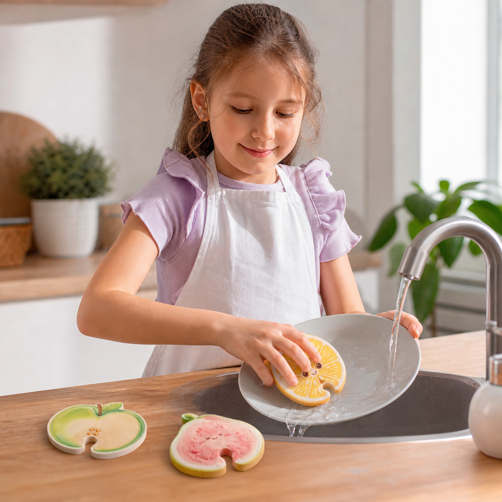 Spugne in Cellulosa Espandibili a Forma di Frutta – Set da 3 Spugne da Cucina Vegetali Antigraffio
