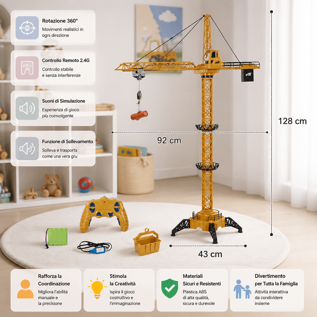 Gru a torre telecomandata – giocattolo da costruzione con rotazione a 360° e funzione di sollevamento