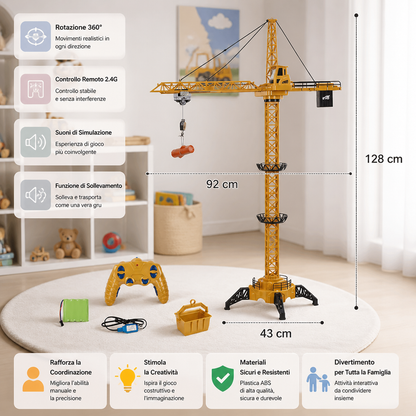 Gru a torre telecomandata – giocattolo da costruzione con rotazione a 360° e funzione di sollevamento