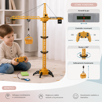 Gru a torre telecomandata – giocattolo da costruzione con rotazione a 360° e funzione di sollevamento