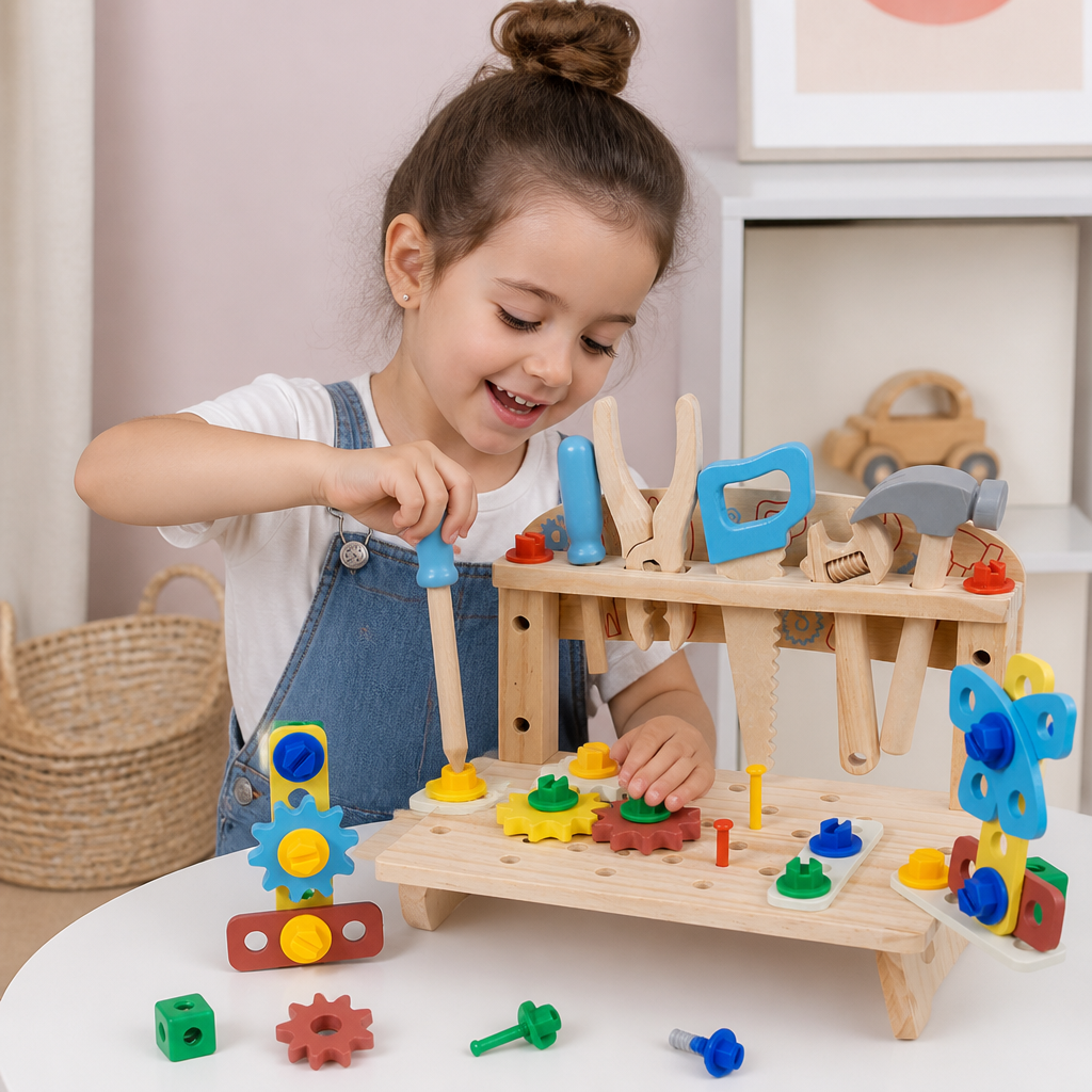 Banco da lavoro in legno per bambini con set di attrezzi – giocattolo educativo per costruzioni fai da te e sviluppo della motricità fine