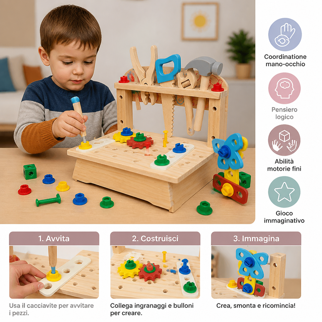 Banco da lavoro in legno per bambini con set di attrezzi – giocattolo educativo per costruzioni fai da te e sviluppo della motricità fine
