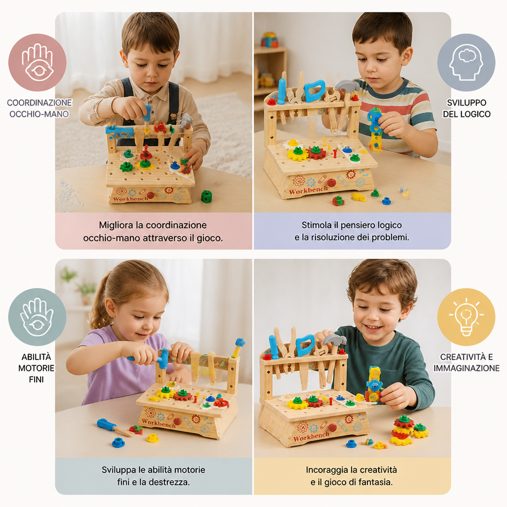 Banco da lavoro in legno per bambini con set di attrezzi – giocattolo educativo per costruzioni fai da te e sviluppo della motricità fine