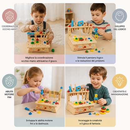 Banco da lavoro in legno per bambini con set di attrezzi – giocattolo educativo per costruzioni fai da te e sviluppo della motricità fine