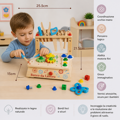 Banco da lavoro in legno per bambini con set di attrezzi – giocattolo educativo per costruzioni fai da te e sviluppo della motricità fine