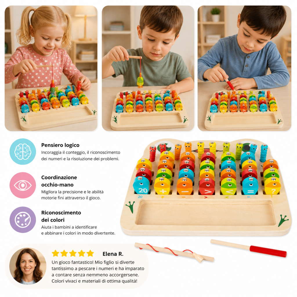 Gioco della pesca magnetica in legno – giocattolo educativo per bambini per imparare alfabeto e matematica e sviluppare la motricità fine