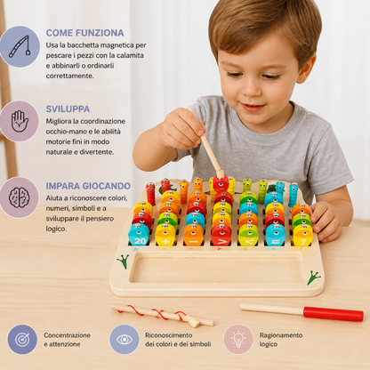 Gioco della pesca magnetica in legno – giocattolo educativo per bambini per imparare alfabeto e matematica e sviluppare la motricità fine