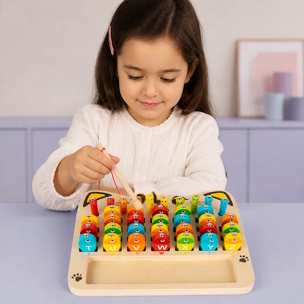 Gioco della pesca magnetica in legno – giocattolo educativo per bambini per imparare alfabeto e matematica e sviluppare la motricità fine