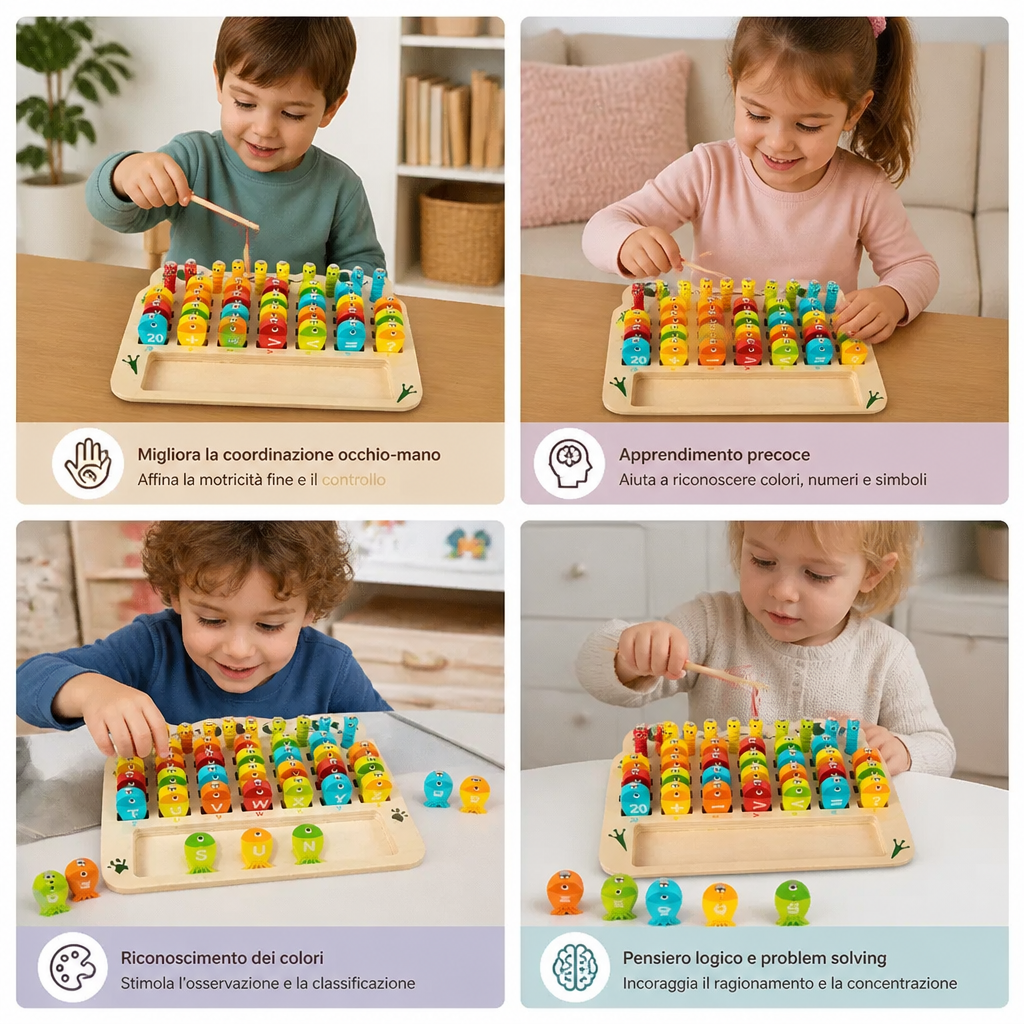 Gioco della pesca magnetica in legno – giocattolo educativo per bambini per imparare alfabeto e matematica e sviluppare la motricità fine