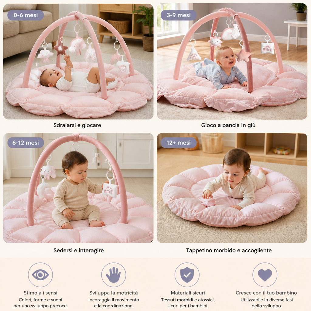 Palestrina per neonati in peluche 5-in-1, tappetino attività e lettino con giochi sospesi