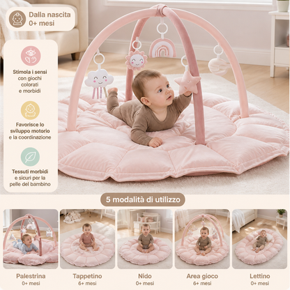 Palestrina per neonati in peluche 5-in-1, tappetino attività e lettino con giochi sospesi