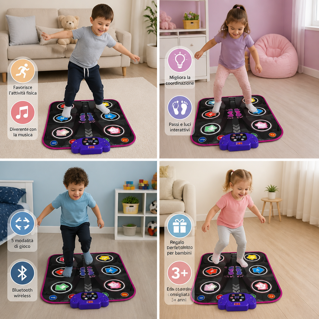 Tappetino da ballo Bluetooth luminoso per bambini con 5 modalità di gioco