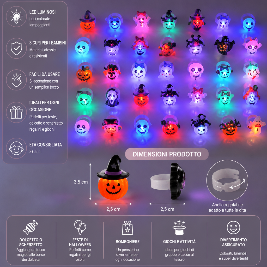 50 Pezzi di Anelli LED Lampeggianti di Halloween per Gadget da Festa per Bambini e Sacchetti di Dolcetti