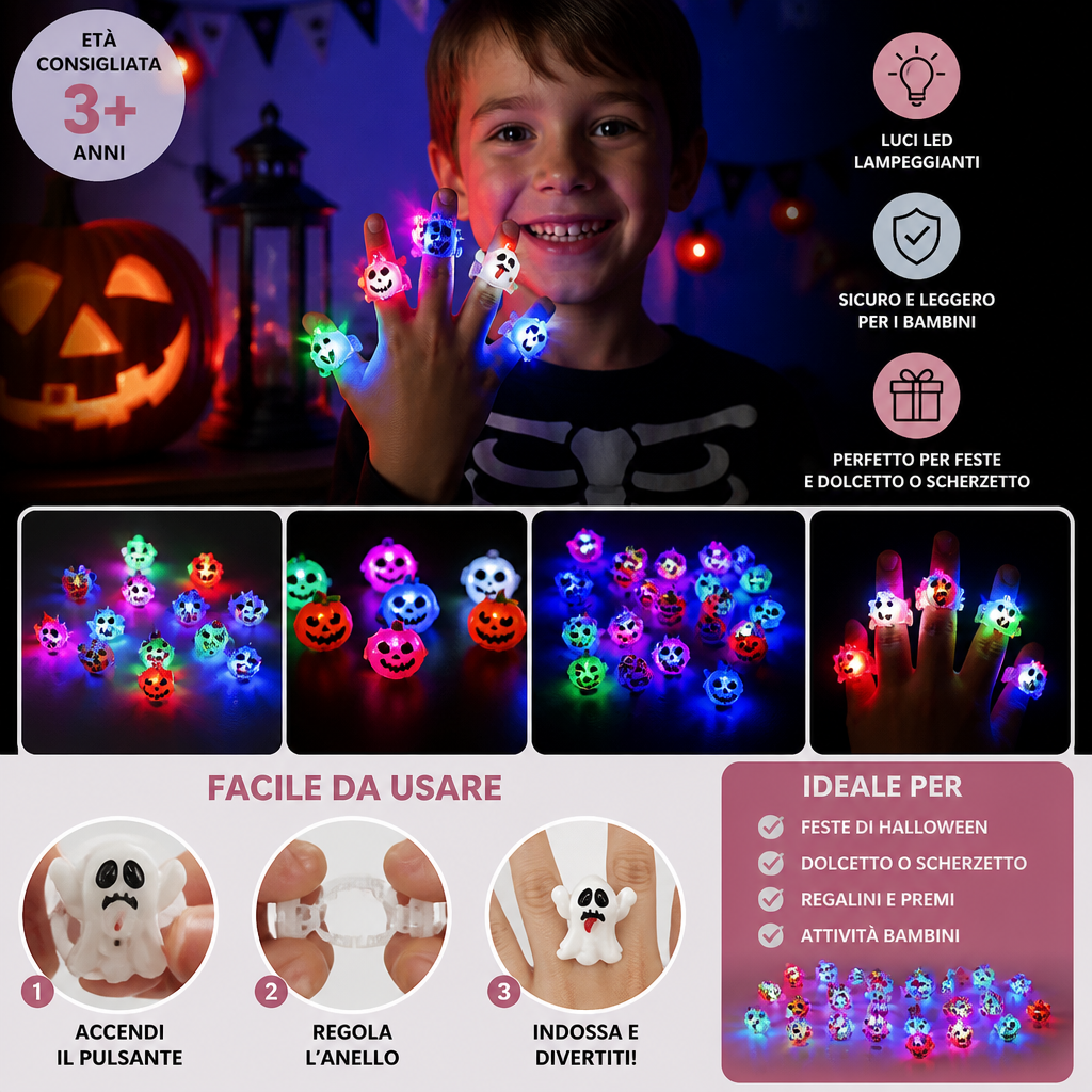 50 Pezzi di Anelli LED Lampeggianti di Halloween per Gadget da Festa per Bambini e Sacchetti di Dolcetti