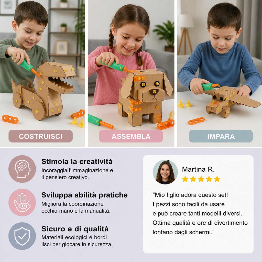 Kit da Costruzione STEM Sicuro da 100 Pezzi in Cartone con Set di Attrezzi per Bambini