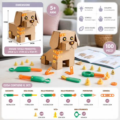 Kit da Costruzione STEM Sicuro da 100 Pezzi in Cartone con Set di Attrezzi per Bambini