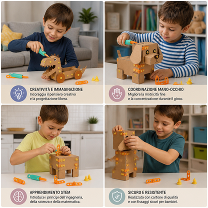 Kit da Costruzione STEM Sicuro da 100 Pezzi in Cartone con Set di Attrezzi per Bambini