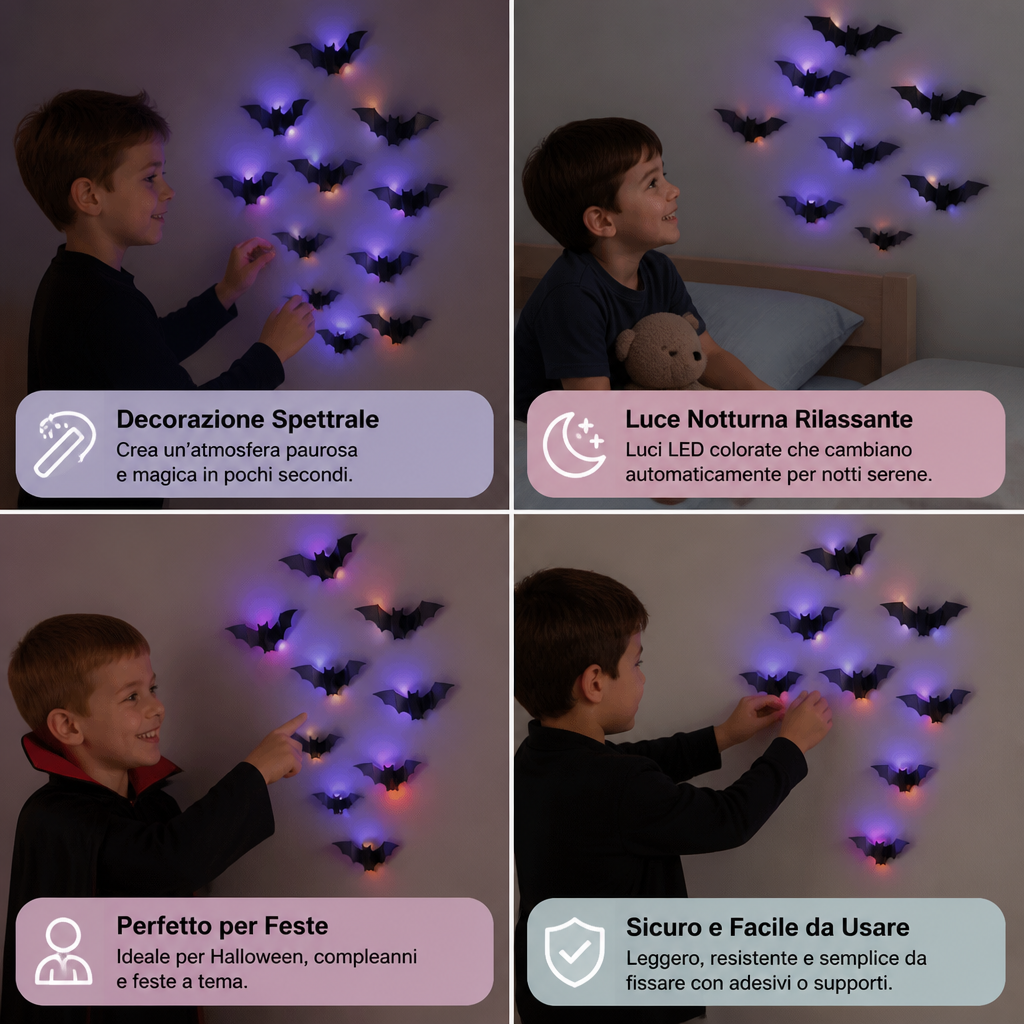 Decorazione da Parete 3D LED di Halloween a Forma di Pipistrello con Luci Cangianti