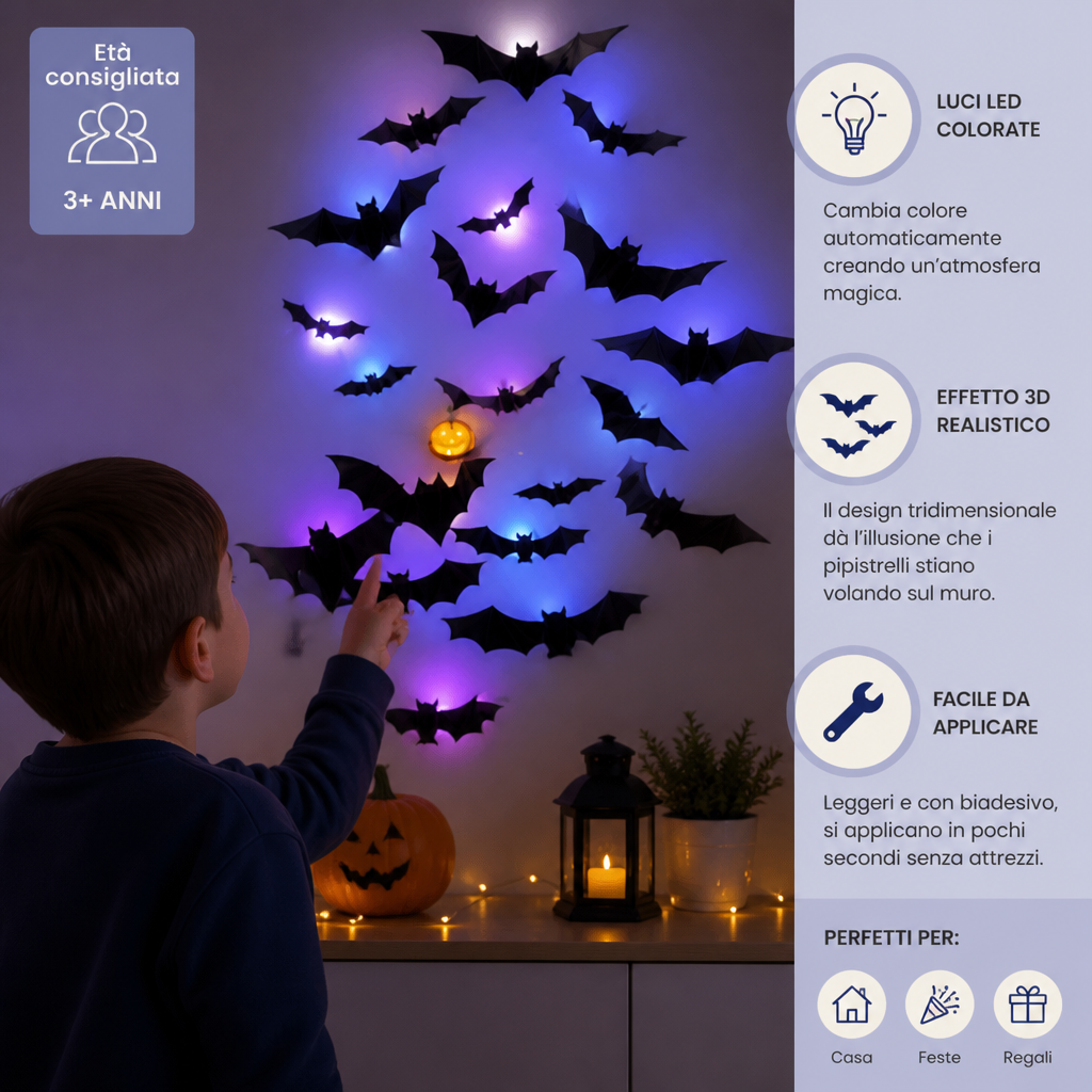 Decorazione da Parete 3D LED di Halloween a Forma di Pipistrello con Luci Cangianti
