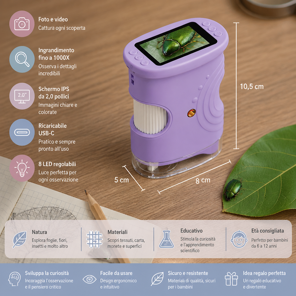 Microscopio e Telescopio Digitale 2-in-1 per Bambini con Fotocamera per Foto e Video