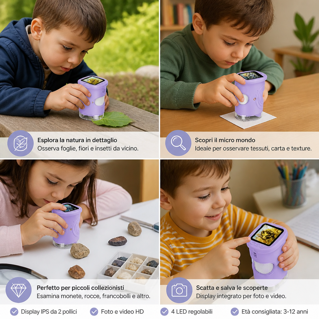 Microscopio e Telescopio Digitale 2-in-1 per Bambini con Fotocamera per Foto e Video