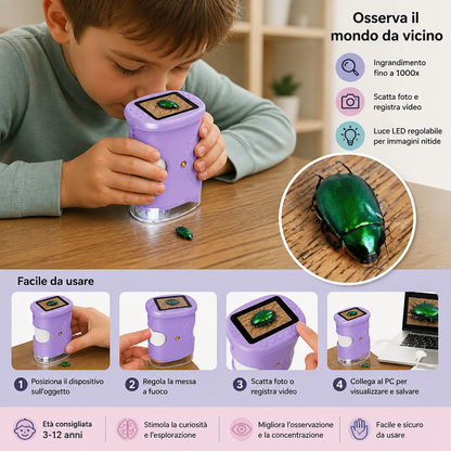 Microscopio e Telescopio Digitale 2-in-1 per Bambini con Fotocamera per Foto e Video