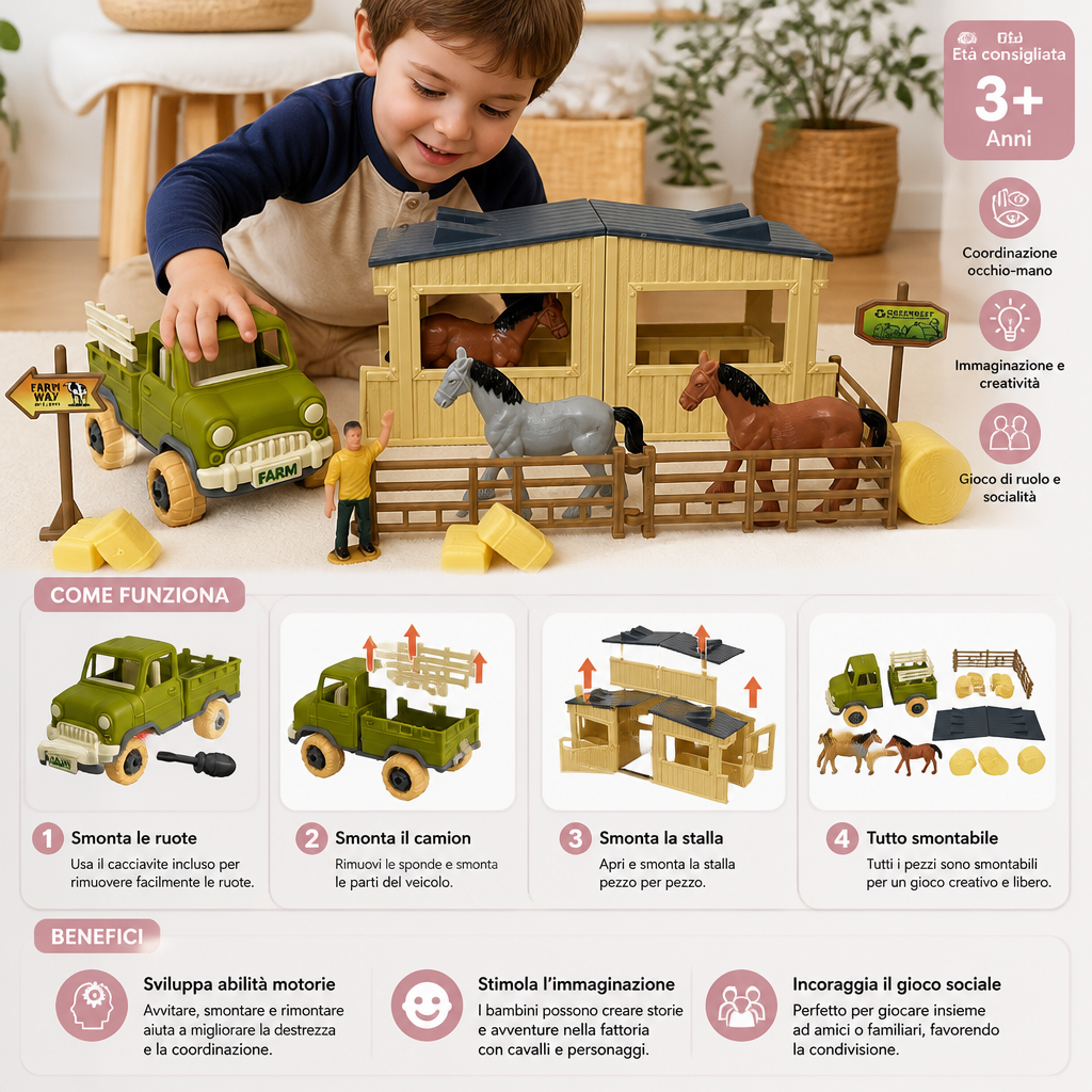 Set Gioco Fai da Te per Bambini con Camion Agricolo Smontabile e Scuderia per Cavalli