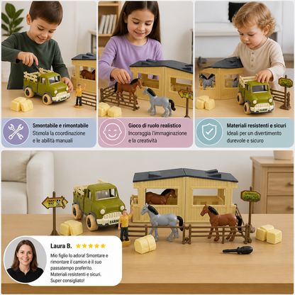 Set Gioco Fai da Te per Bambini con Camion Agricolo Smontabile e Scuderia per Cavalli