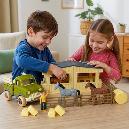 Set Gioco Fai da Te per Bambini con Camion Agricolo Smontabile e Scuderia per Cavalli