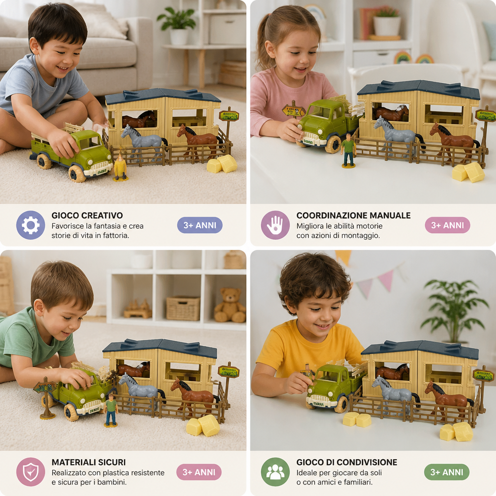 Set Gioco Fai da Te per Bambini con Camion Agricolo Smontabile e Scuderia per Cavalli