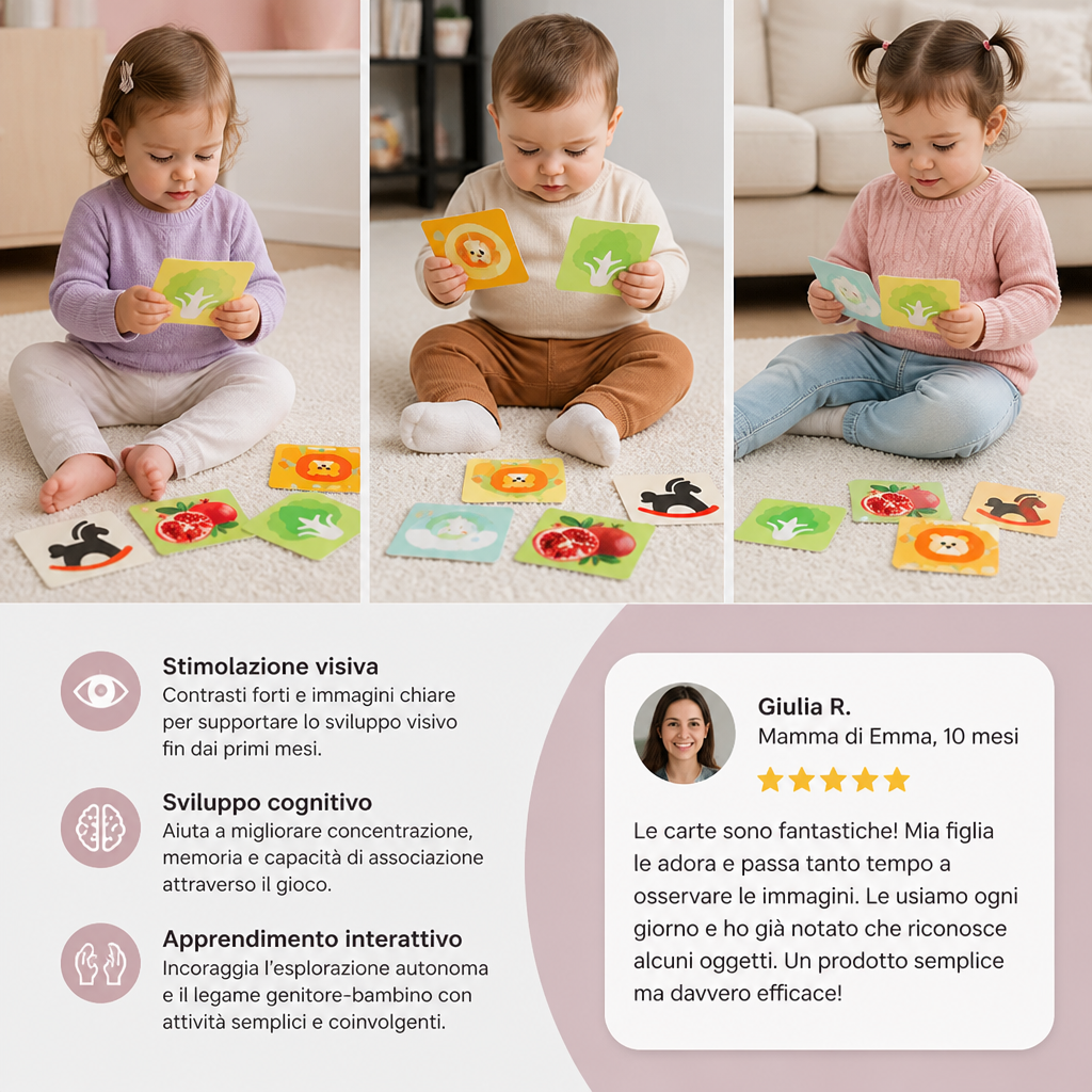 Carte didattiche Montessori per neonati – Set per la stimolazione visiva, il riconoscimento dei colori e la categorizzazione