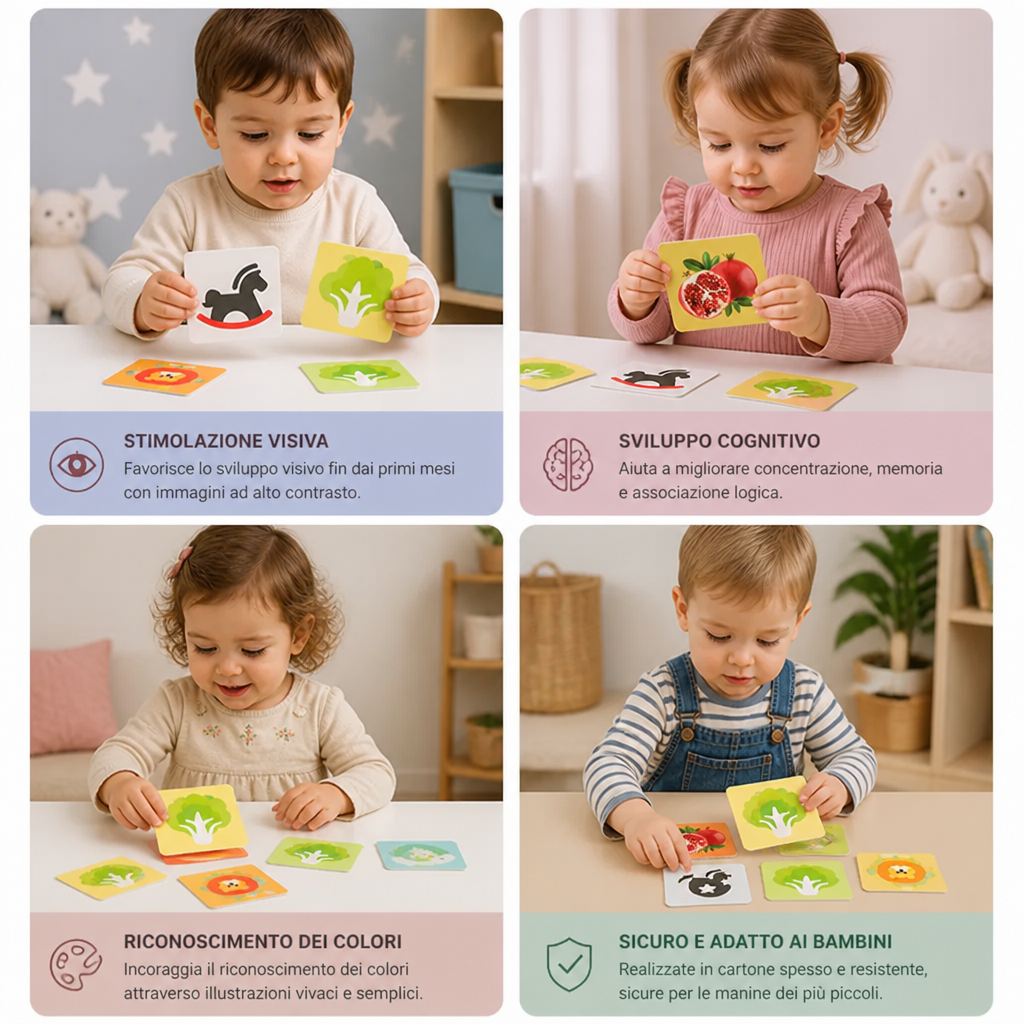 Carte didattiche Montessori per neonati – Set per la stimolazione visiva, il riconoscimento dei colori e la categorizzazione