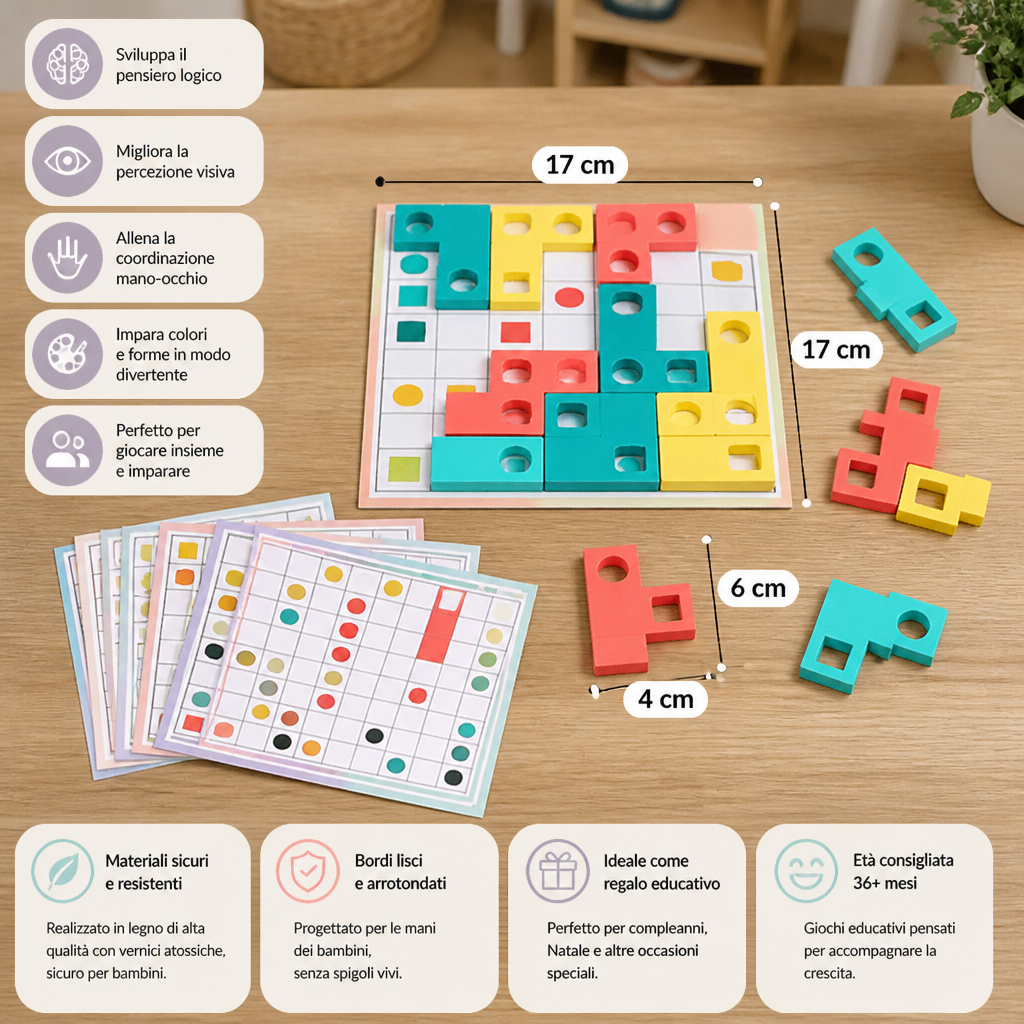 Puzzle Montessori in legno per abbinare le forme – Gioco educativo per allenare il riconoscimento dei colori e il pensiero logico