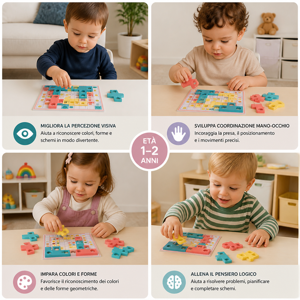 Puzzle Montessori in legno per abbinare le forme – Gioco educativo per allenare il riconoscimento dei colori e il pensiero logico