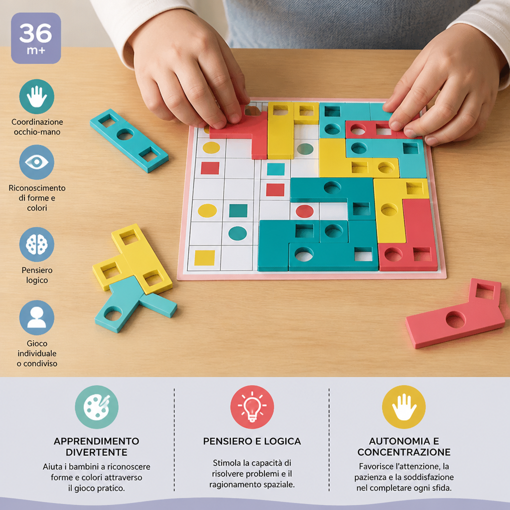 Puzzle Montessori in legno per abbinare le forme – Gioco educativo per allenare il riconoscimento dei colori e il pensiero logico